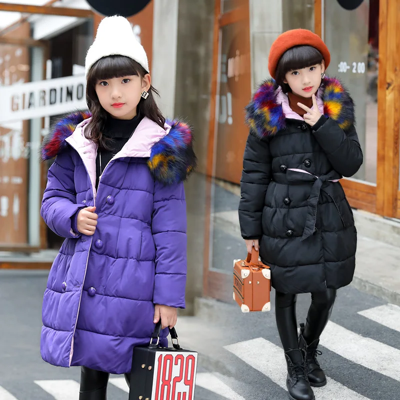 

Girls Jacket 2019 Autumn Winter thick Jacket For Girls plus size Hooded Outerwear Children Clothes colorful fur collar 6 8 10 y