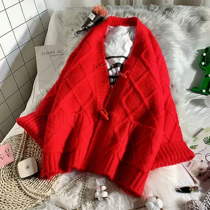 red Fdfklak, вязаный кардиган, Женский Топ, весна, осень, ленивое пальто, толстый,, Лесной стиль, свитер, свободный, толстый, верхняя одежда, свитера для женщин - Цвет: red