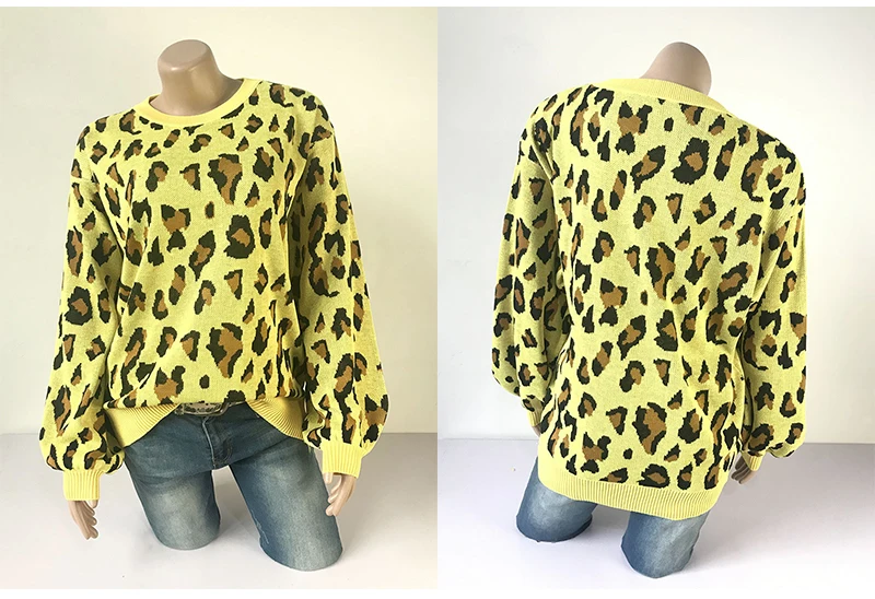 Lossky Women Fall Sweaters Fashion Leopard Jacquard Lantern Sleeve Pull Femme Pullover Tops Yellow Autumn Winter Clothes