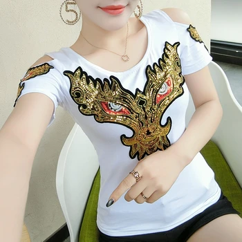 

2020 New Summer Korean Clothes Off Shoulder Shiny Beading T-shirt Women Tops Sexy Back Ropa Mujer Bottoming Shirt Tees T02709