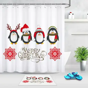 

Merry Christmas Penguin Shower Curtain Waterproof Polyester Fabric And Door Floor Mat Christmas Decorations For Home Accessories