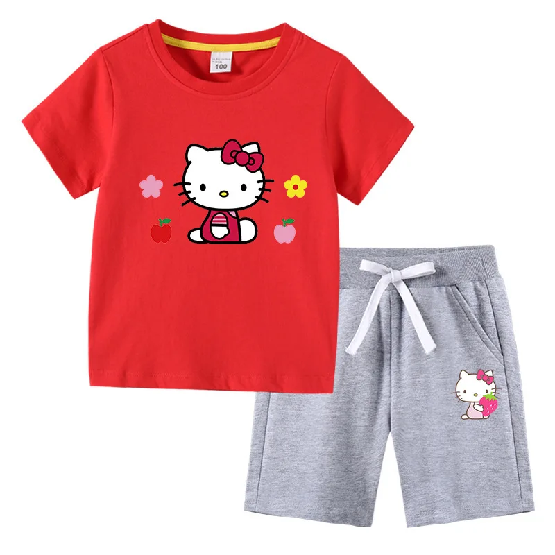 thumbnail image 1 of Hello Kitty-Camiseta de algodón con estampado de dibujos animados para niños y niñas, traje de dos piezas con pantalones de manga corta, verano, 1 of 5