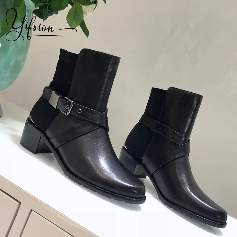 

OLOME New Black Genuine Leather Women Boots Round Toe Buckle Strap Thunky Mid Heel Women Autumn Winter Ankle Boots Shoes Woman
