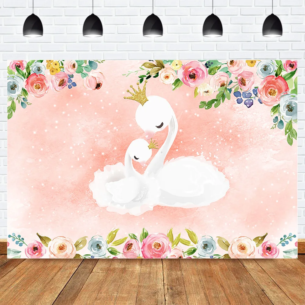 White Swan Party Photography Backdrop Newborn Baby Shower Background for Photo Studio Kids Birthday Watercolor Flower Photoshoot |