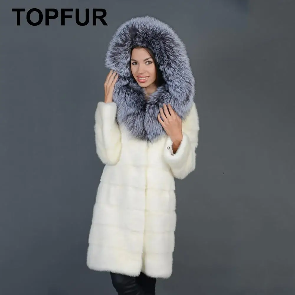 TOPFUR Новая мода зимнее женское длинное пальто с капюшоном белое натуральное меховое пальто для женщин натуральный мех норки Верхняя одежда и пальто длинные