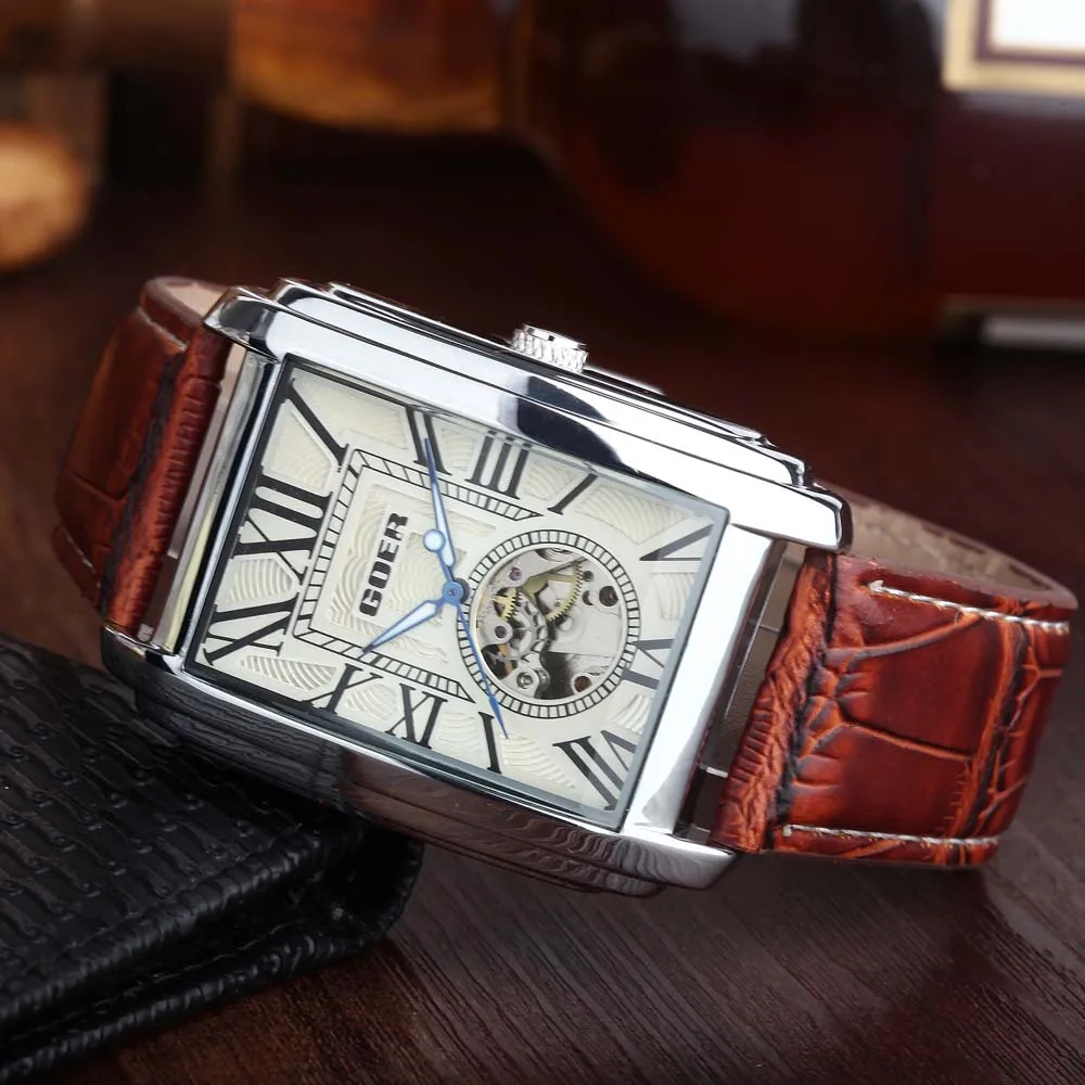 2020 Relogio Masculino Fashion Rectangle Watches Men Wristwatches GOER Automatic Mechanical Watches Cheap Price Dropshipping