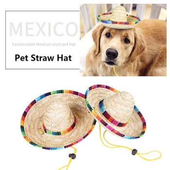 

Pet Dog Hat Woven Straw Hat Mexican Style Cat Hat Adjustable Shade Hat Dog Caps Costume Sombrero Mascota