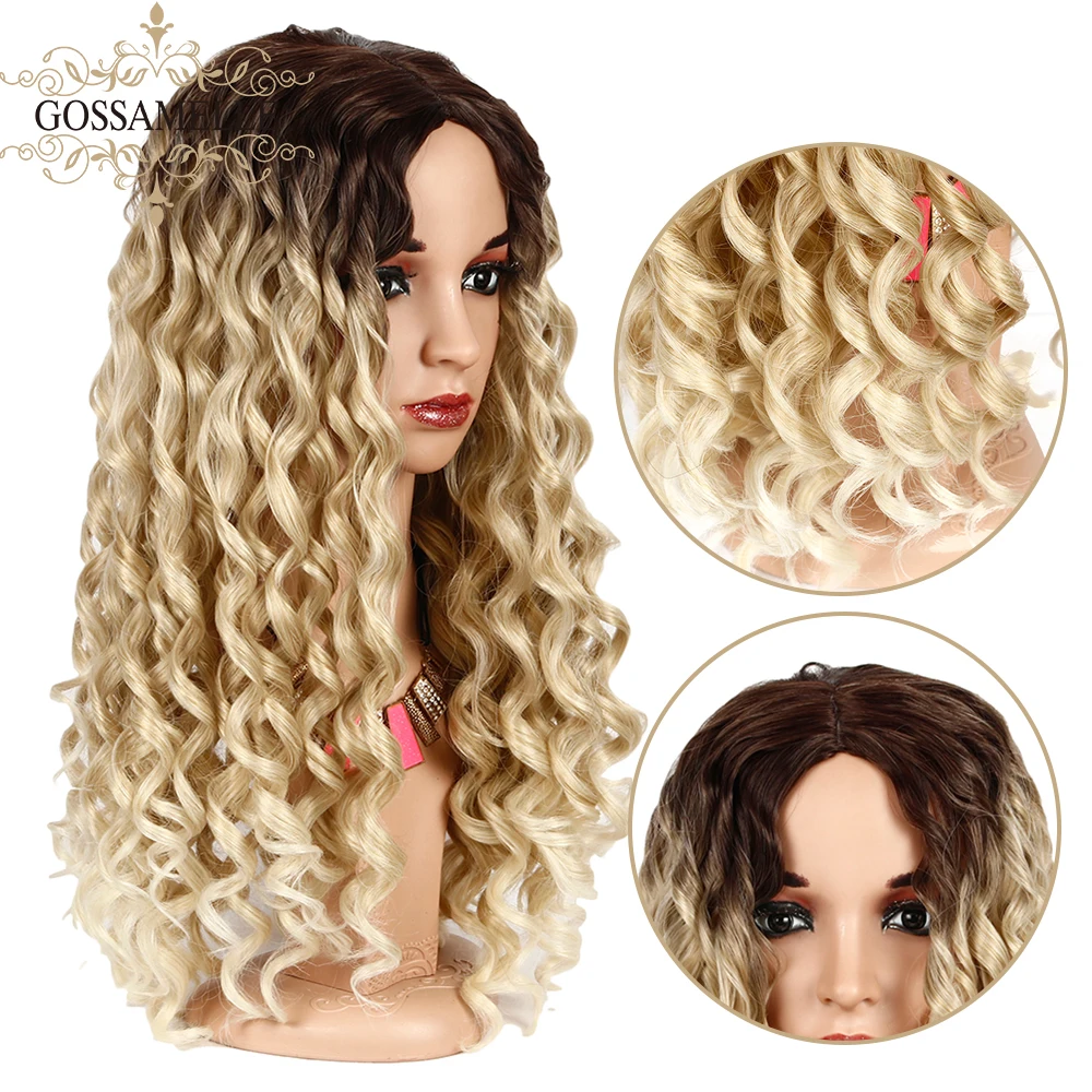 

Gossamelle 2 Tone Ombre Blonde Synthetic Wig Mix Brown Color Long Curly Wigs For Women High Temperature Hair African American