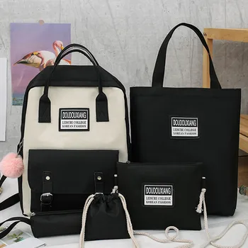 

1 Set = 5 Pcs 2020 Cute Students Nylon Backpacks Teenages School Bag Girls Shoulder Bags + 2 Pockets Unisex For Women & Men