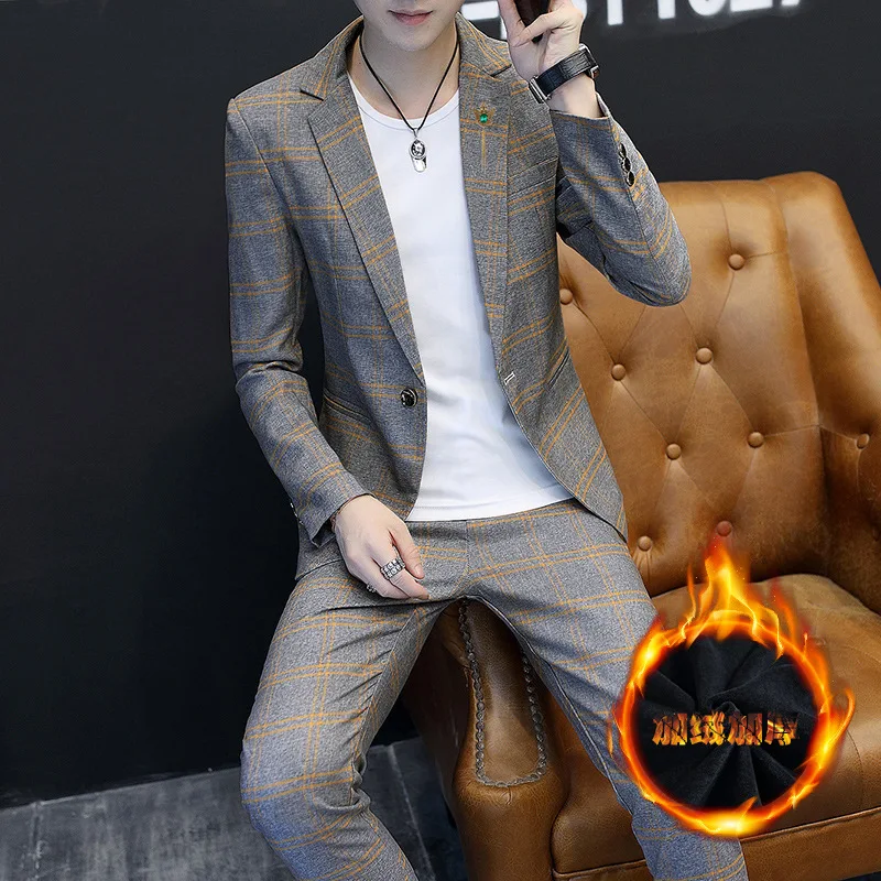 

2019 Winter New Style Handsome Youth Brushed And Thick Suit Slim Fit Men's Casual Suit Plaid