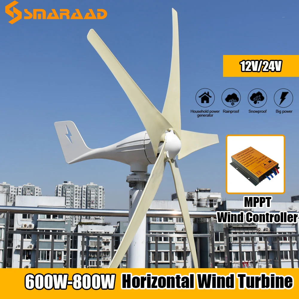 

PL warehouse Free Energy 600W 800W 12V 24V Horizontal Wind Turbine Generator For Home Use With MPPT Boost Controller Windmill