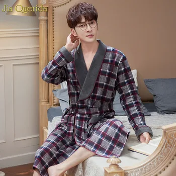 

Men Robe 100% Cotton Kimono Luxury Black Plaid Long Sleeve Nightgown High Quality Plus Size Bathrobe Laple Belted Sleepwear Robe