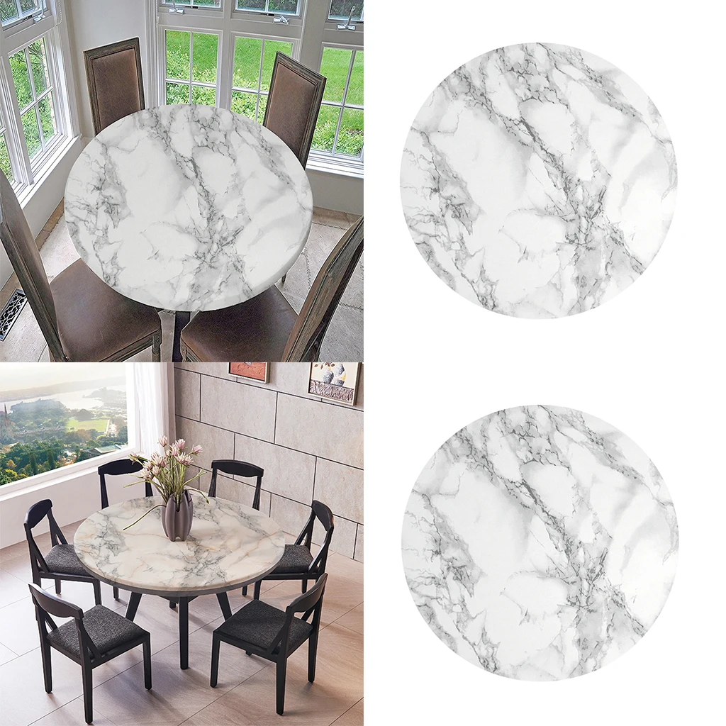 2-Pack Table Cloth Large Round Elastic Edge Fitted Vinyl Waterproof Table Cover - 47 Inches Diameter - Black Marble Pattern