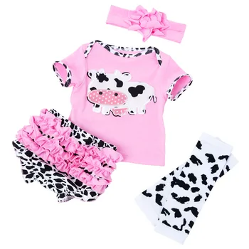 

Newborn Baby Girl Clothes Cow Suit Toddler Infant Clothing Set Cute T Shirt Top+Ruffle Bloomers Pants+Headband+Leg Sets 4 Piece