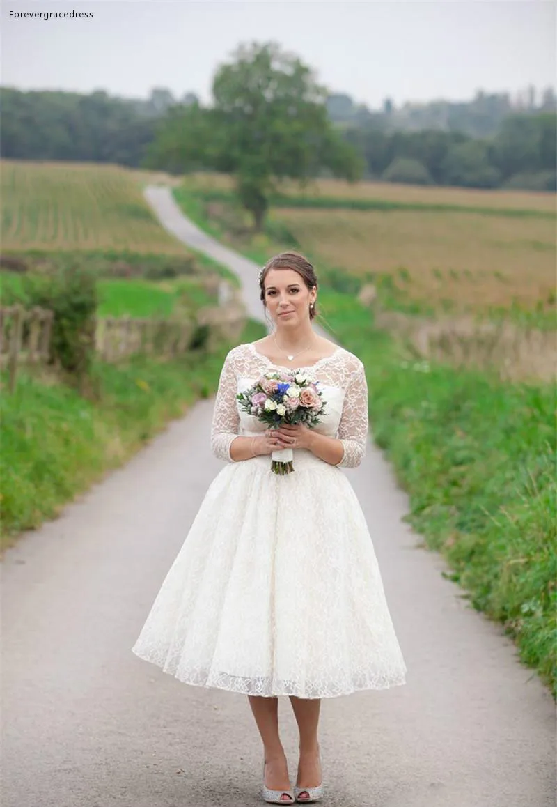 Vintage Full Lace Wedding Dresses 34 Long Sleeves Short Country Wedding Gowns Simple Tea Length Wedding Party Gowns For Garden 2017  119 (3)