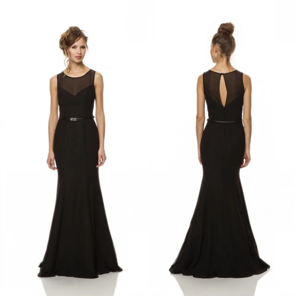 

free shipping 2019 Mermaid Scoop Neck Long Chiffon Bridesmaid Dresses Floor Length Prom Gown With Sash Sleeveless Hollow Back