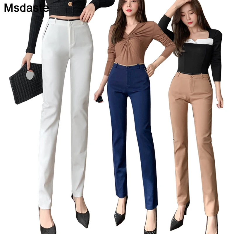 

2020 New High Waist Office Lady Pants Korean Fashion Ladies Full-length Straight Pants Women Formal Work Wear Solid Trousers