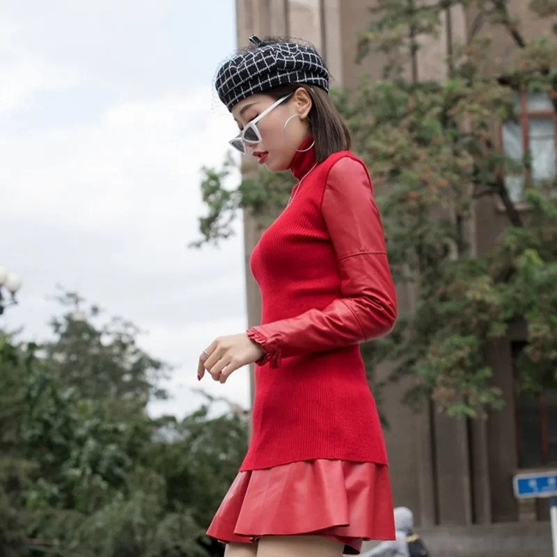 2020 New Bow Red Turtleneck Pullovers Women Fashion Harajuku Knitted Sweater Ladies High Neck Leather Long Sleeve Winter Clothes | Женская