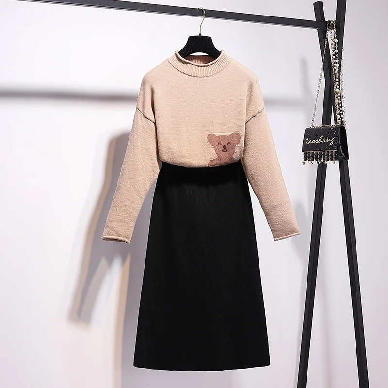 Khaki Set Trytree/Коллекция года, осенне-зимний комплект из двух предметов, повседневный Вязаный топ с круглым вырезом и рисунком медведя+ юбка, Модный комплект до колен, комплект из 2 предметов - Цвет: Khaki Set