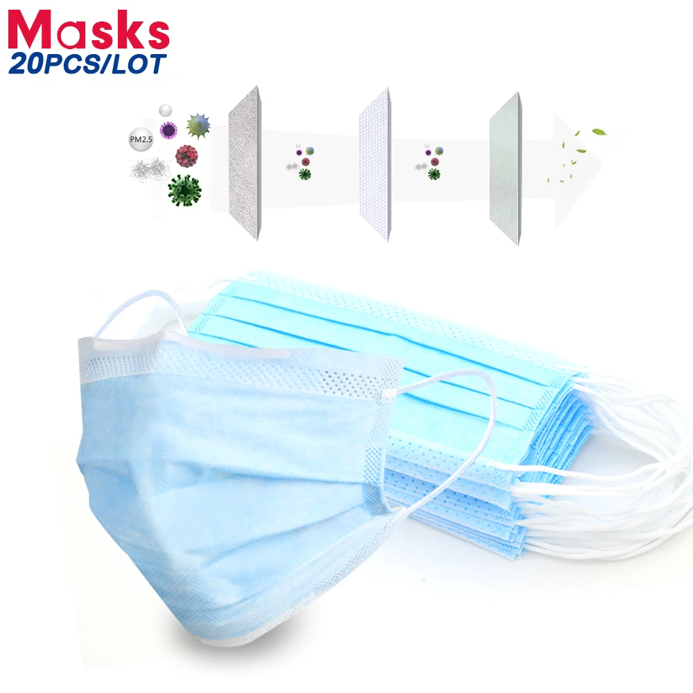 

20 pcs Masks Medical 3 Floors Waterproof Face Mouth Masks Non Woven Disposable Anti-Virus Surgical Medical Earloops N95 Masks
