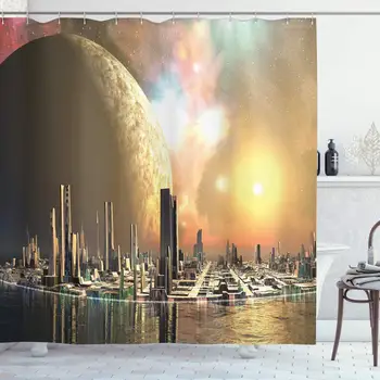 

Cityscape Shower Curtain, Utopia Islands Floating Future Cities Imaginary Fantasy Artwork Futuristic, Cloth Fabric Bathroom