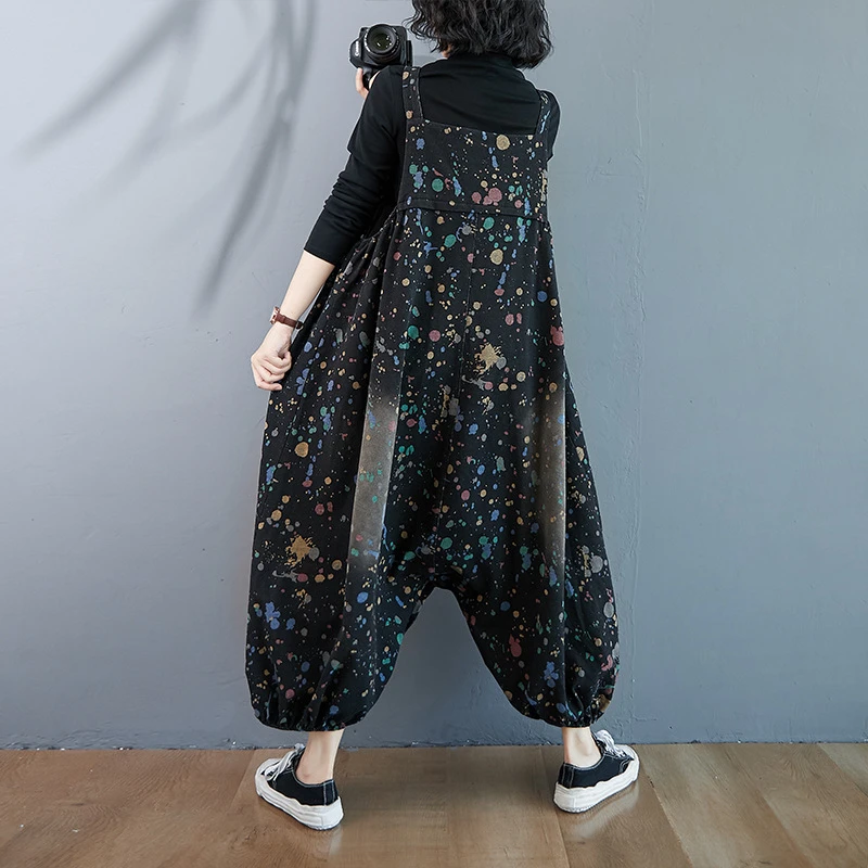 Oversized Drop Crotch jean Jumpsuits Women Big Size Baggy Printed Wide Leg Overalls Cargo Denim Cross-pants Hip-Hop  Rompers