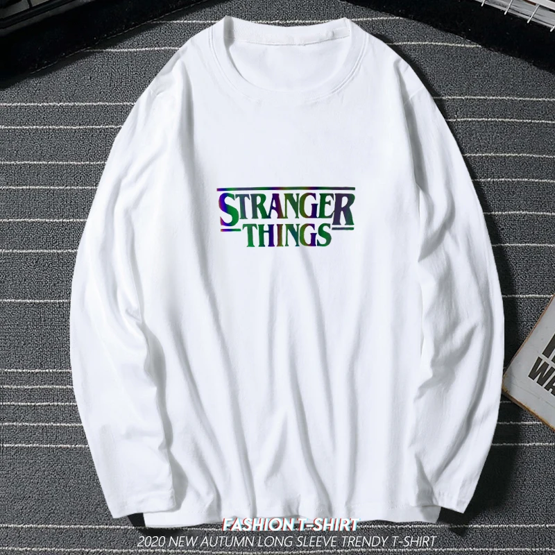 

Colorful Reflective Print Star war & Stranger Things T Shirt Men long sleeve 100% cotton Tops Male Graphic T-shirt Harajuku tees