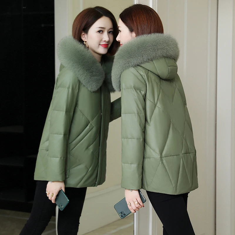 

100% натуральный Лисий мех с капюшоном, Женское зимнее теплое пальто из овчины, женский пуховик из натуральной кожи в Корейском стиле, 2089