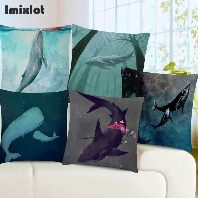 Sea Animal Cotton Linen Whales Sofa Decorative Cushion Cover Pillow Pillowcase 45*45 Throw Pillow Home Decor Pillowcover Q0491
