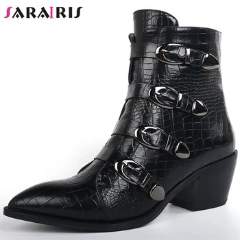 

SARAIRIS New 34-42 Brand Pointed Toe Booties Ladies Fashion Buckle Decorating Boots Women 2019 High Chunky Heels Shoes Woman