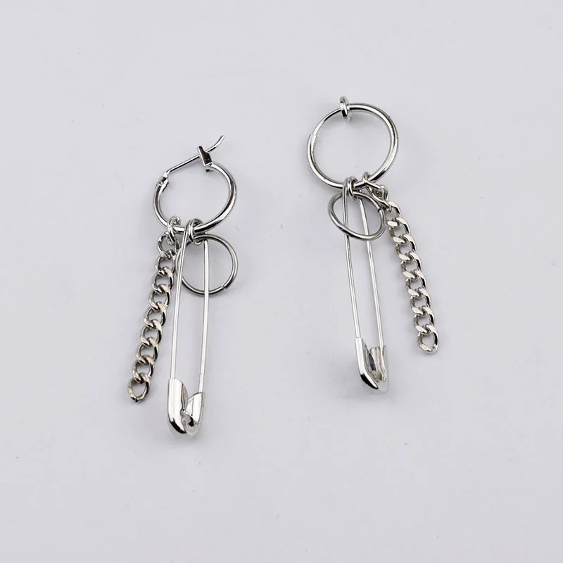 Punk Rock Pin Bead Chain Earring Unisex Long Pendant Ear Bone Clip Earrings 1PC dangle earrings,chain ear clips,pendant earrings,long earrings