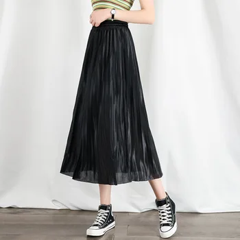 

Solid Chiffon Pleated Skirt For Women 2020 Autumn New Long Skirt 2020 New Fashion Chic Ladies High Elastic Waist Mid Calf Skirts