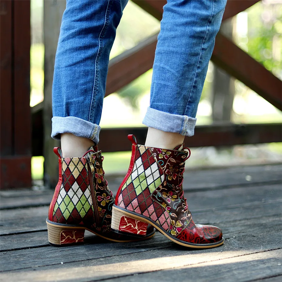 Women Boots Fashion Lace Up Ankle Boots Shoes For Woman Vintage Color Block Female Lady Thick High Heels Western Boots Handmade  (12)