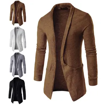 

Casual Men Solid Color Coat Cardigan lapel Big Pockets Long Coat trench coat