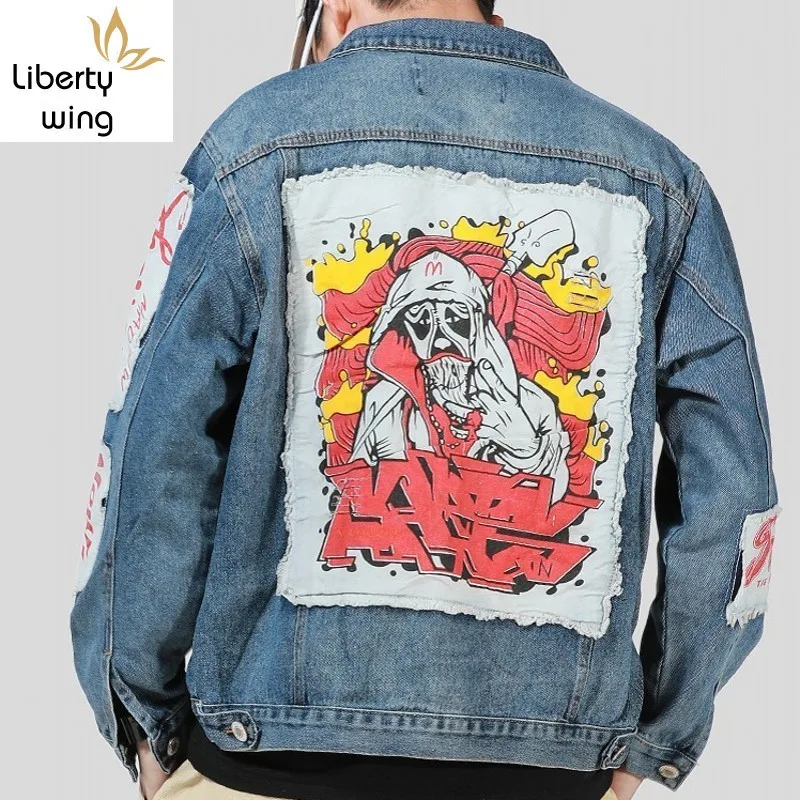 

Spring New Brand Harajuka Vintage Patch Printing Mens Wash Denim Jackets Single Breasted Lapel Loose Casual Male Outerwear Coats