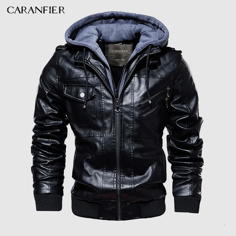 CARANFIER мужская кожаная куртка с капюшоном мотоциклетная куртка из искусственной кожи Мужская Ретро мода косая молния осень зима кожаные куртки пальто - Цвет: Черный