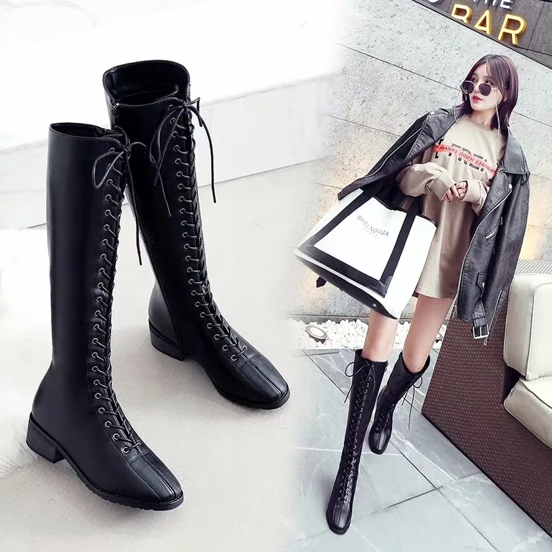 

Leather Boot Women's Waterproof Platform Hose WOMEN'S Boots Lace-up Pointed Toe Chunky Heel Warm Side Zipper Biker Boots