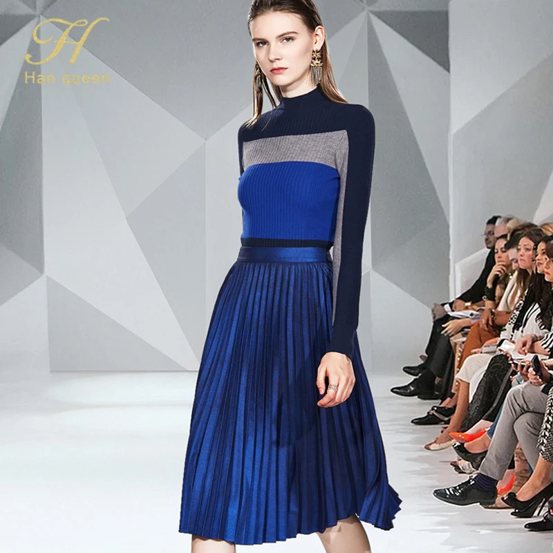 blue H Han Queen Europe 2 Pieces Set Vestido Winter Casual Slim Knit Top And Pleated Dress Elegant Runway Vintage Slim Party Dresses - Цвет: blue