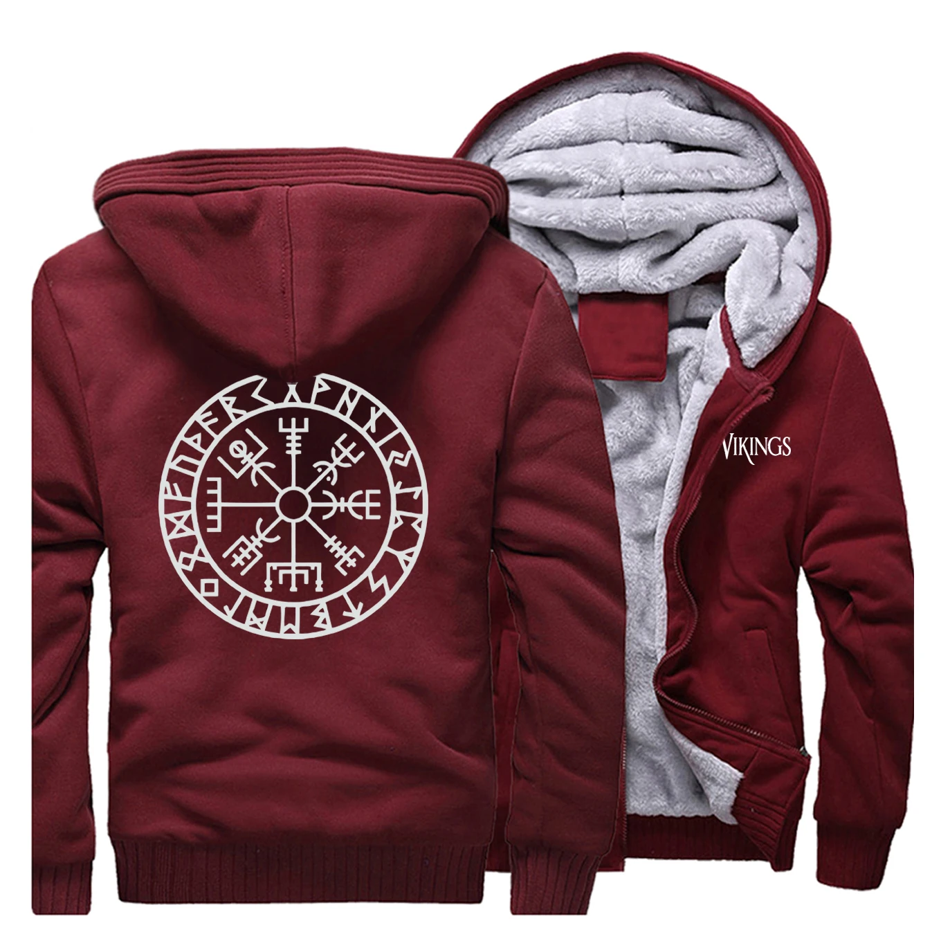 Novelty Mens Raglan Thick Sweatshirt Vikings Odin Warrior Legend Men Zip Jacket Winter Hoody Fleece Warm Casual Streetwear - Цвет: Wine Red 1