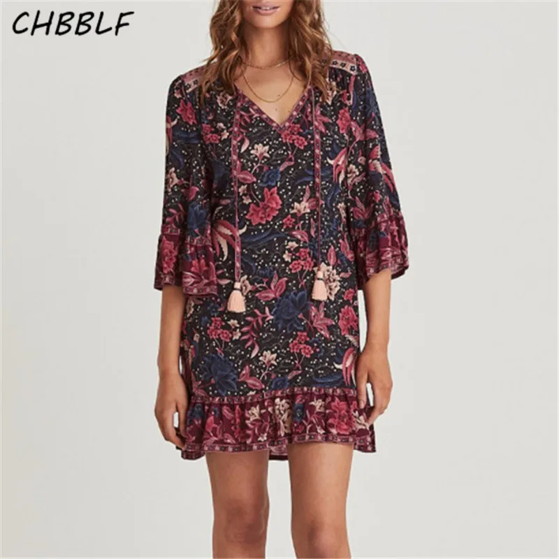 CHBBLF wonen/винтажное платье с цветочным принтом, с коротким рукавом, кисточка, v-образный вырез, Женские Ретро свободные миди платья DFJ8503