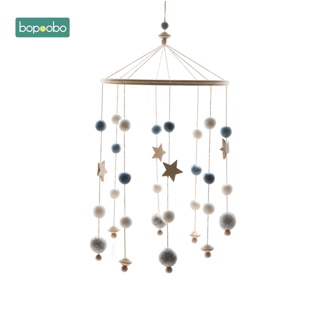 Bopoobo 1set Silicone Beads Baby Mobile Beech Wood Bird Rattles Wool Balls Kid Room Bed Hanging Decor Nursing Children Products Blue Ball