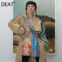 DEAT Autumn And Winte Turn-down Collar Patchwork Printed Maps Batwing Sleeves Waist Belt Female Trench Coat Loose WJ27004L