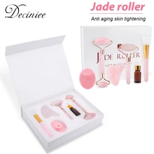 6 Pièces/ensemble Rose Rouleau de Jade Gua Sha Ensemble Brosse de Visage Quartz Naturel Grattoir Pierre De Jade Massage Du Visage Outil de Massage pour Le Corps Cou