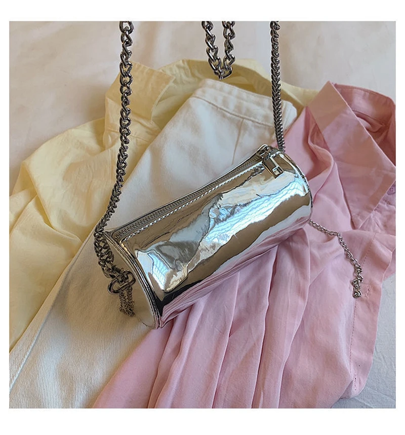 Shoulder Bag Female Crossbody Bag Handbag Bucket Women Bag Chain Fashion Silver Patent Leather Glossy New PU Leather Zipper