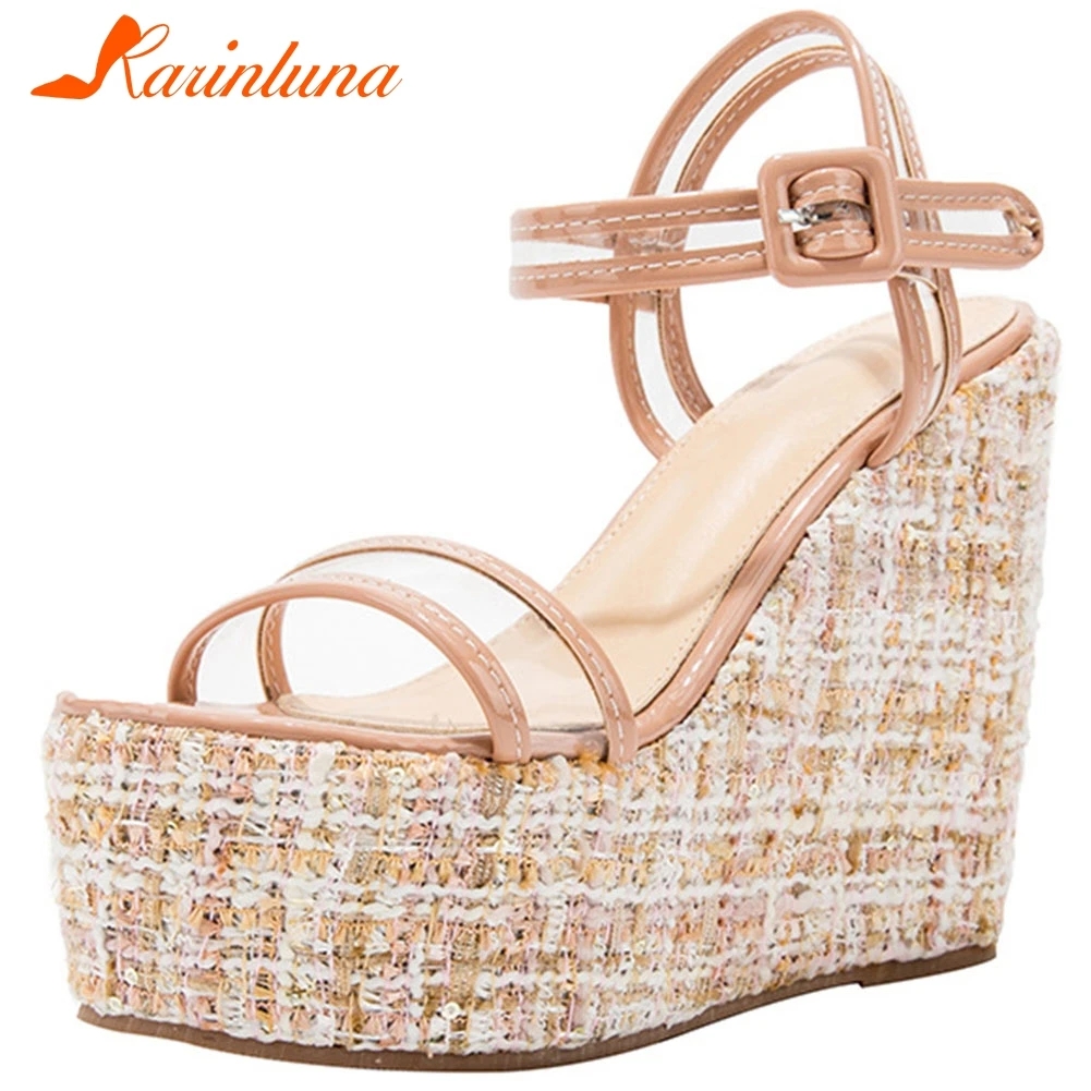 

Karinluna New Design PVC Wedge High Heels Summer Sandals Woman Shoes Buckle Strap Platform Mix Color Shoes Women Sandals