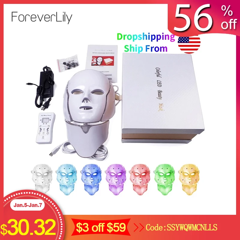 Foreverlily 7 Colors Led Facial Mask Led Korean Photon Therapy Face Mask Machine Light Therapy Acne Mask Neck Beauty Led Mask