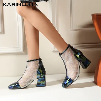

KarinLuna 2020 New Fashion Plus Size 48 Patent Leather Women Boots Square Heels Square Toe Zip Boots Spring/Autumn Women Shoes