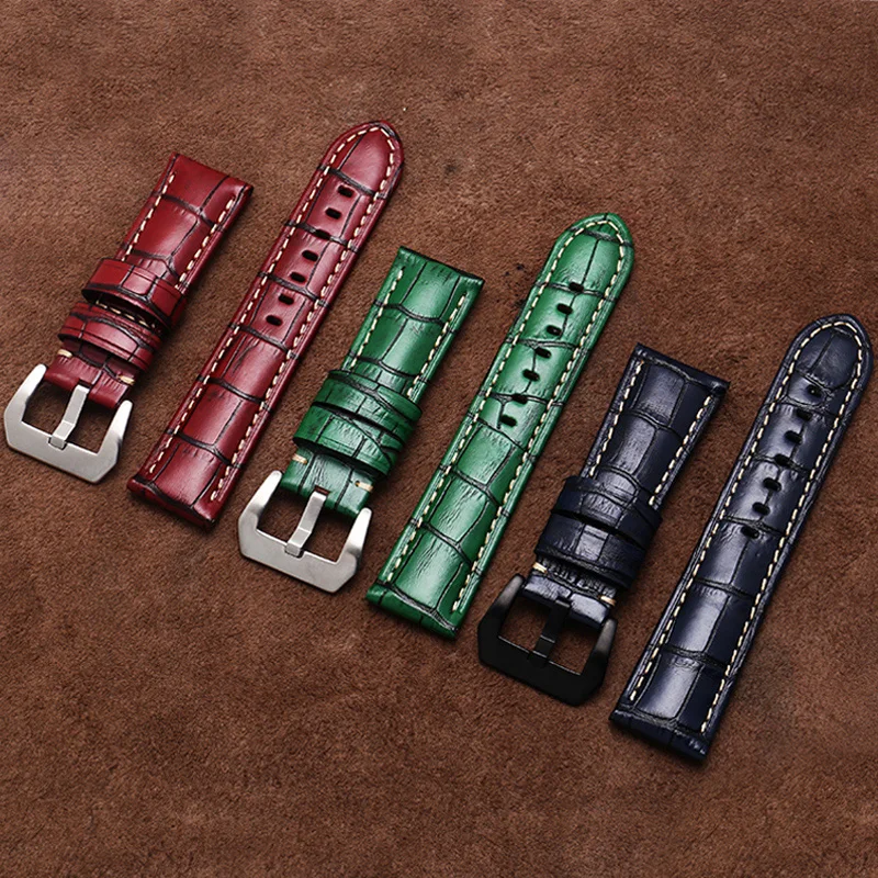 

Yopo 22mm 24mm 26mm Cow leather watchband blue red black Retro slub pattern bracelet For PAM111 424 male's watch accessories