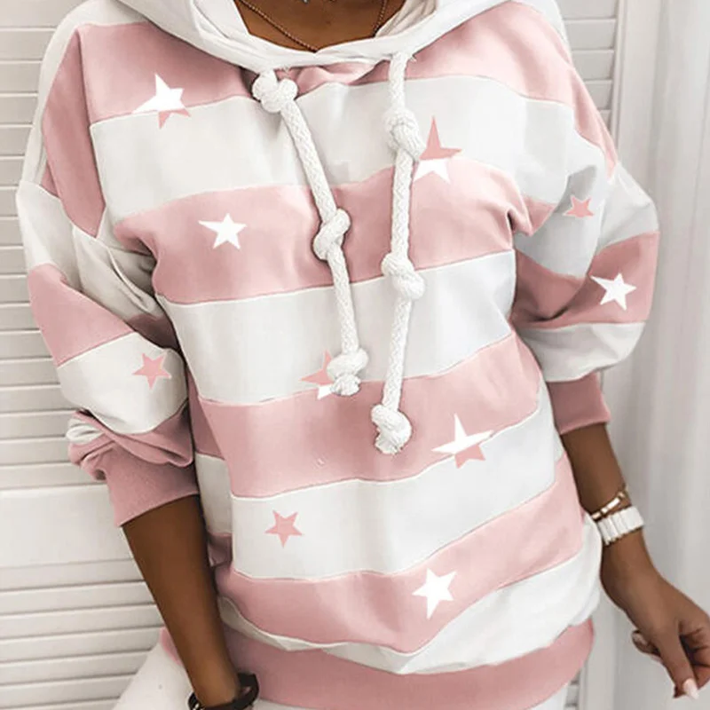 Diiwii Woman  Striped Hooded Drawstring Hoodies