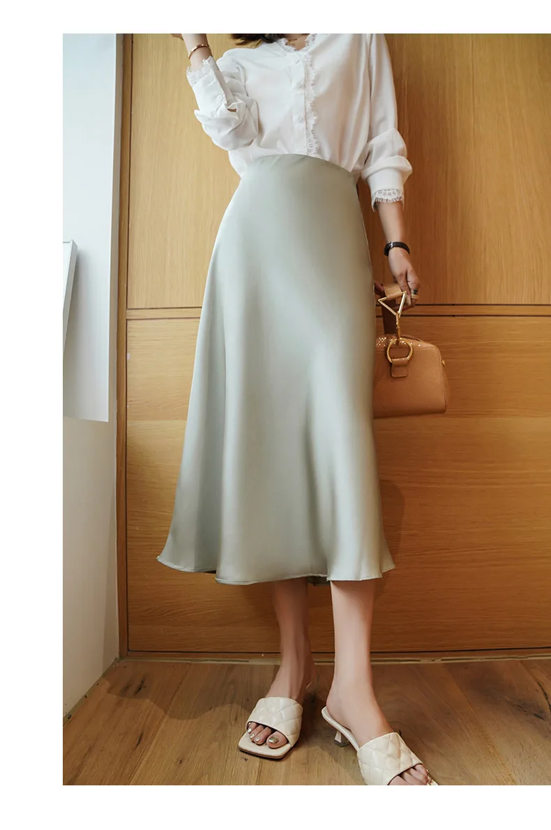Summer Silk Midi Skirts Womens Korean England Style Satin Office Lady Simple Solid Elegant Faldas Mujer Moda Long Skirts Womens Summer Silk Midi Skirts Womens Korean England Style Satin Office Lady Simple Solid Elegant Faldas Mujer Moda Long Skirts Womens